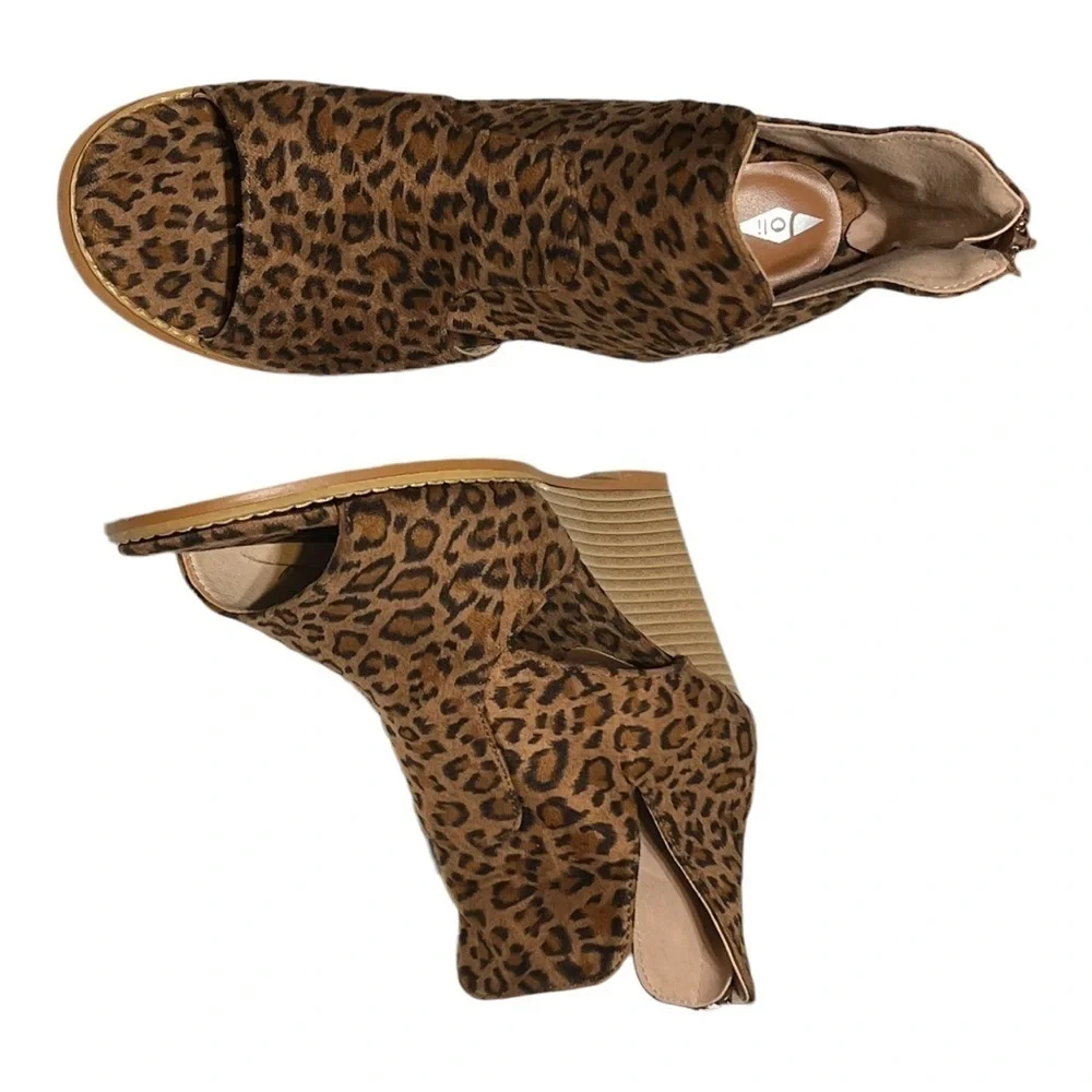 Faux Suede Animal Print Peep-Toe Cutout Wedge Heel Ankle Bootie 8M Tan Brown